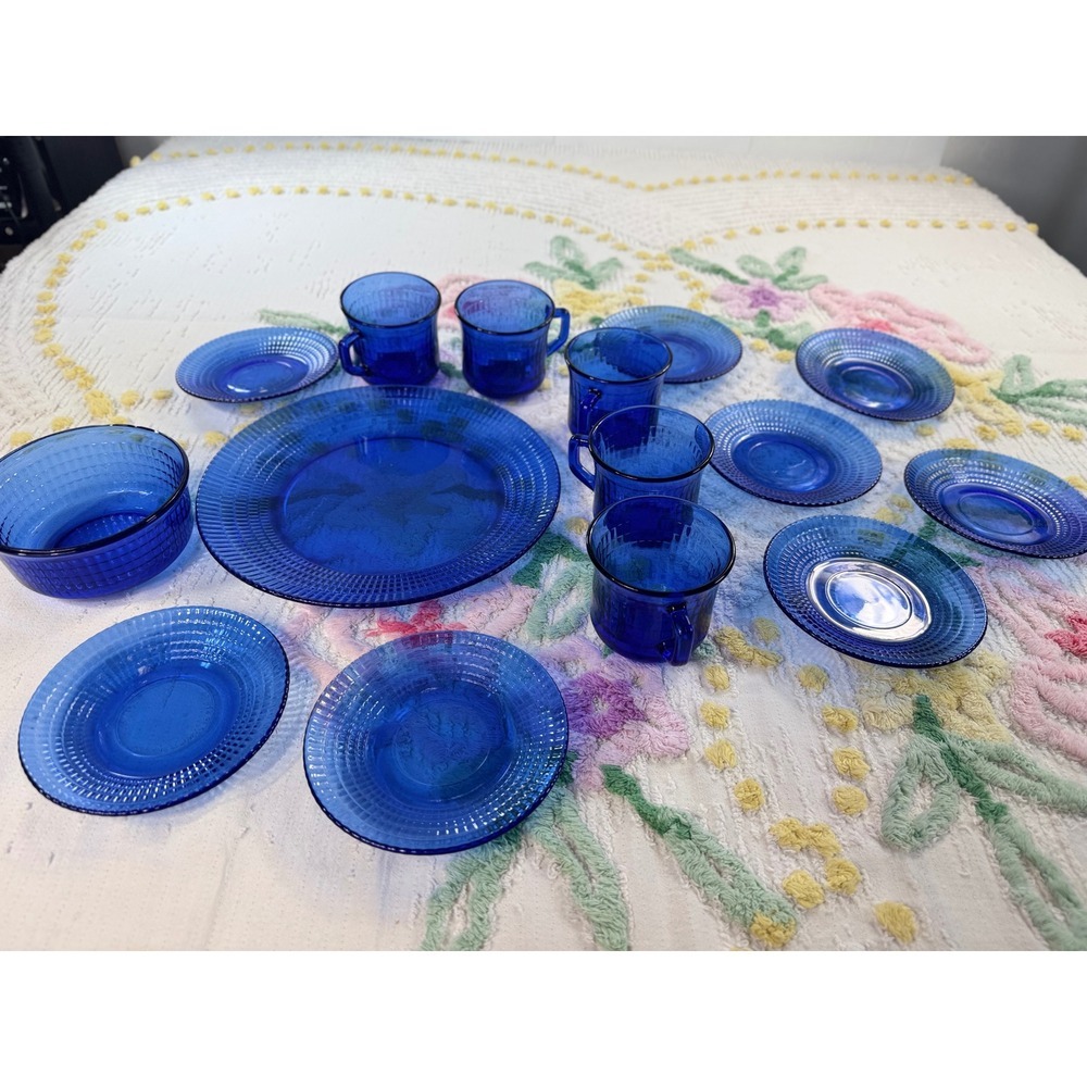 Vintage Cobalt Blue Glass Dinnerware Set 15 Pc ‎ Mexico Ribbed Waffle Pattern
